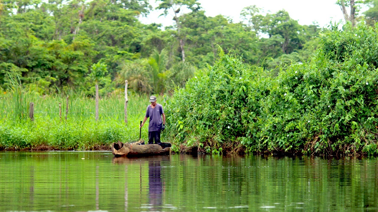 Hombre en bote en humedal San San Pond